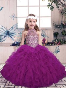 Purple Halter Top Neckline Beading and Ruffles Little Girls Pageant Gowns Sleeveless Lace Up