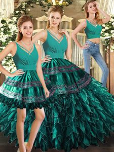 Organza V-neck Sleeveless Backless Appliques and Ruffles Vestidos de Quinceanera in Turquoise