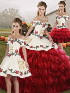 Elegant Sleeveless Organza Floor Length Lace Up Quince Ball Gowns in Wine Red with Embroidery and Ruffled Layers