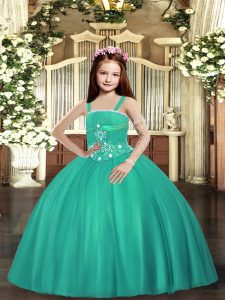 Latest Turquoise Sleeveless Floor Length Beading Lace Up Little Girl Pageant Gowns