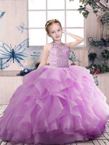 Perfect Lilac Organza Zipper Scoop Sleeveless Floor Length Glitz Pageant Dress Beading and Ruffles