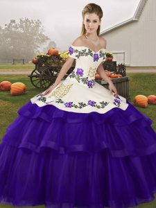 Best Selling Off The Shoulder Sleeveless Tulle 15th Birthday Dress Embroidery and Ruffled Layers Brush Train Lace Up