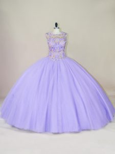 Custom Design Ball Gowns Sweet 16 Dresses Lavender Scoop Tulle Sleeveless Floor Length Lace Up