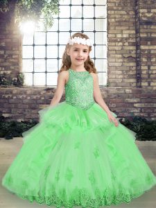 Sleeveless Floor Length Appliques Lace Up Little Girl Pageant Gowns with Yellow Green