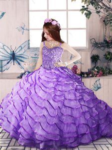 Amazing Lavender Winning Pageant Gowns Straps Sleeveless Brush Train Lace Up