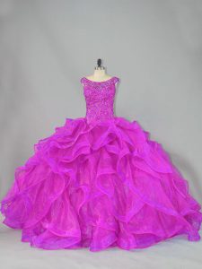 Ball Gowns Sleeveless Fuchsia Quinceanera Dresses Brush Train Lace Up