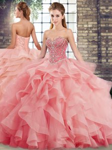 Nice Sleeveless Tulle Brush Train Lace Up Quince Ball Gowns in Watermelon Red with Beading and Ruffles