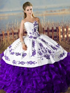 Wonderful Floor Length White And Purple Sweet 16 Quinceanera Dress Sweetheart Sleeveless Lace Up