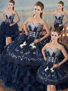 Vintage Sweetheart Sleeveless Sweet 16 Dresses Floor Length Embroidery and Ruffles Navy Blue Satin and Organza