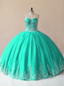 Top Selling Turquoise Sweetheart Neckline Embroidery 15 Quinceanera Dress Sleeveless Lace Up