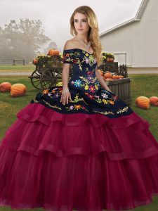 Amazing Fuchsia Tulle Lace Up Off The Shoulder Sleeveless Quinceanera Dress Brush Train Embroidery and Ruffled Layers