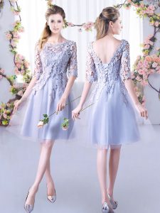 Unique Mini Length Grey Court Dresses for Sweet 16 Tulle Half Sleeves Lace