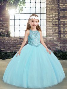 Scoop Sleeveless Tulle Little Girls Pageant Dress Wholesale Beading and Appliques Lace Up