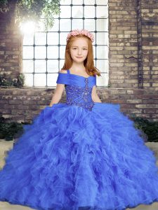 Inexpensive Blue Straps Lace Up Beading and Ruffles Pageant Gowns For Girls Sleeveless