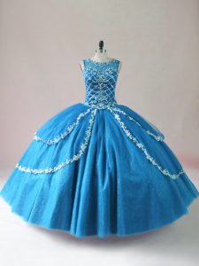 Exquisite Beading and Appliques 15th Birthday Dress Blue Lace Up Sleeveless Floor Length