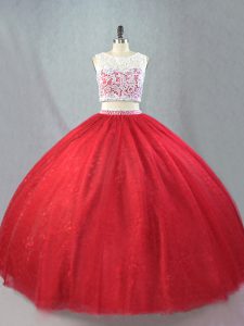 Spectacular Red Two Pieces Scoop Sleeveless Tulle Floor Length Zipper Beading and Appliques Quinceanera Dresses