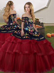 Wine Red Off The Shoulder Lace Up Embroidery and Ruffled Layers Sweet 16 Dress Brush Train Sleeveless