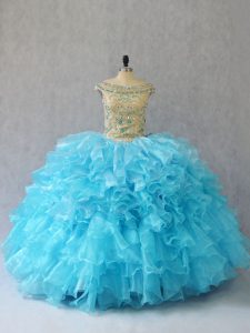 Custom Designed Sleeveless Floor Length Ruffles Lace Up Quinceanera Dress with Baby Blue