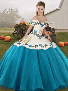 Classical Floor Length Ball Gowns Sleeveless Blue And White Sweet 16 Dress Lace Up