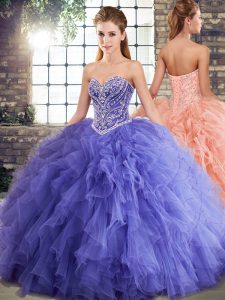 Trendy Lavender Lace Up Sweetheart Beading and Ruffles 15th Birthday Dress Tulle Sleeveless