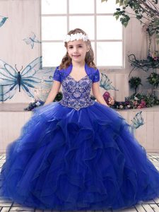 Dramatic Straps Sleeveless Child Pageant Dress Floor Length Beading and Ruffles Royal Blue Tulle