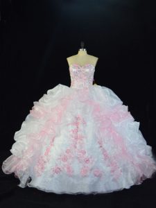 Pink And White Lace Up Sweetheart Beading and Pick Ups Quinceanera Gown Organza Sleeveless