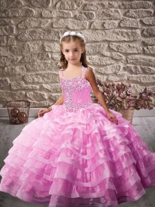 Elegant Lace Up Pageant Gowns For Girls Lilac for Party and Sweet 16 and Wedding Party with Beading and Ruffled Layers Brush Train