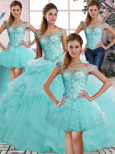 Off The Shoulder Sleeveless Quinceanera Dresses Floor Length Beading and Ruffles Aqua Blue Tulle
