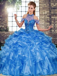 Blue Ball Gowns Beading and Ruffles Quinceanera Dresses Lace Up Organza Sleeveless Floor Length