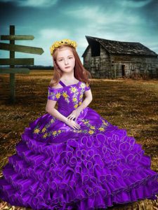 Purple Lace Up Child Pageant Dress Embroidery and Ruffled Layers Short Sleeves Floor Length