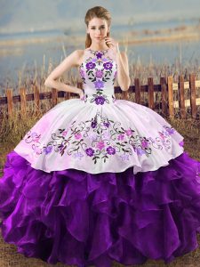 Sumptuous White And Purple Ball Gowns Embroidery and Ruffles Party Dress for Toddlers Lace Up Organza Sleeveless Floor Length
