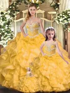 New Arrival Gold Sweetheart Lace Up Beading and Ruffles Quinceanera Dress Sleeveless