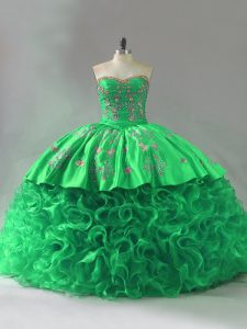 Custom Fit Sweetheart Sleeveless Lace Up Quince Ball Gowns Green Fabric With Rolling Flowers