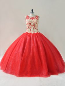 Red Tulle Lace Up Sweet 16 Quinceanera Dress Sleeveless Floor Length Beading