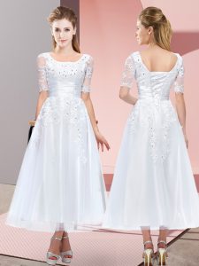 Eye-catching Tea Length Empire Short Sleeves White Quinceanera Court Dresses Lace Up