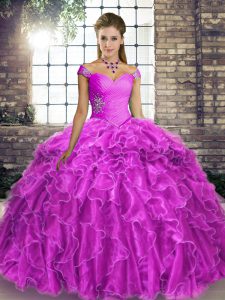Lilac Organza Lace Up Off The Shoulder Sleeveless Quince Ball Gowns Brush Train Beading and Ruffles