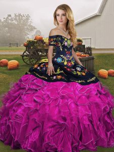Eye-catching Fuchsia Ball Gowns Off The Shoulder Sleeveless Organza Floor Length Lace Up Embroidery and Ruffles Quinceanera Dresses