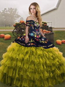 High End Olive Green Lace Up Off The Shoulder Embroidery and Ruffled Layers Quince Ball Gowns Organza Sleeveless