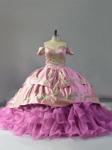 Lilac Ball Gowns Off The Shoulder Sleeveless Organza Chapel Train Lace Up Embroidery and Ruffles Vestidos de Quinceanera