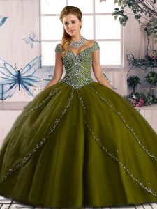 Ideal Olive Green Sweetheart Lace Up Beading Sweet 16 Quinceanera Dress Brush Train Cap Sleeves