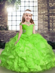 Ball Gowns Organza Spaghetti Straps Sleeveless Beading and Ruffles and Ruching Floor Length Lace Up Little Girls Pageant Dress Wholesale