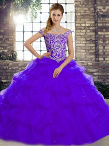 Glamorous Purple Ball Gowns Off The Shoulder Sleeveless Tulle Brush Train Lace Up Beading and Pick Ups Vestidos de Quinceanera