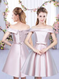 Off The Shoulder Sleeveless Dama Dress for Quinceanera Floor Length Bowknot Baby Pink Satin