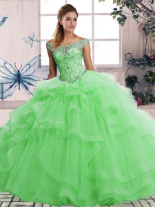 Green Off The Shoulder Neckline Beading and Ruffles Quinceanera Dress Sleeveless Lace Up