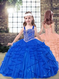 Sweet Sleeveless Tulle Floor Length Lace Up Little Girls Pageant Dress Wholesale in Royal Blue with Beading and Ruffles