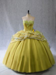 Pretty Sleeveless Tulle Brush Train Lace Up Sweet 16 Dresses in Olive Green with Appliques and Ruffles