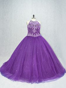 Top Selling Beading Ball Gown Prom Dress Purple Lace Up Sleeveless Brush Train