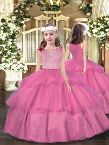 Nice Pink Zipper Scoop Beading and Ruffled Layers Girls Pageant Dresses Organza Sleeveless