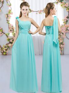 Chiffon One Shoulder Sleeveless Lace Up Hand Made Flower Dama Dress for Quinceanera in Aqua Blue