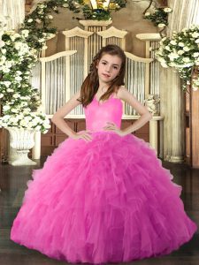 Sleeveless Tulle Floor Length Lace Up Custom Made Pageant Dress in Hot Pink with Ruffles